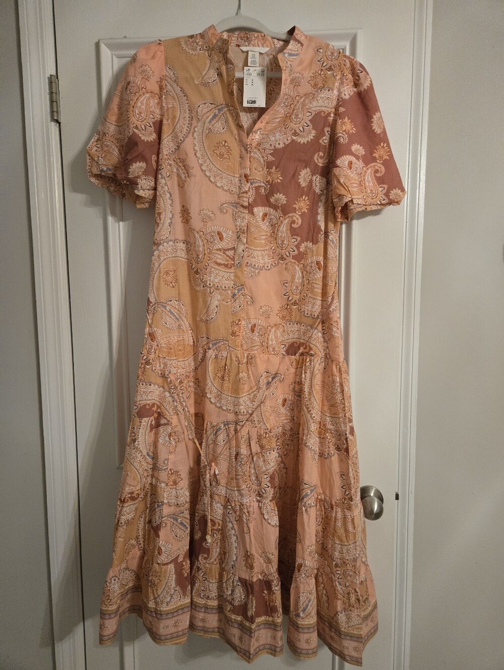 H&M Peach and Mauve Paisley Tiered Midi Dress